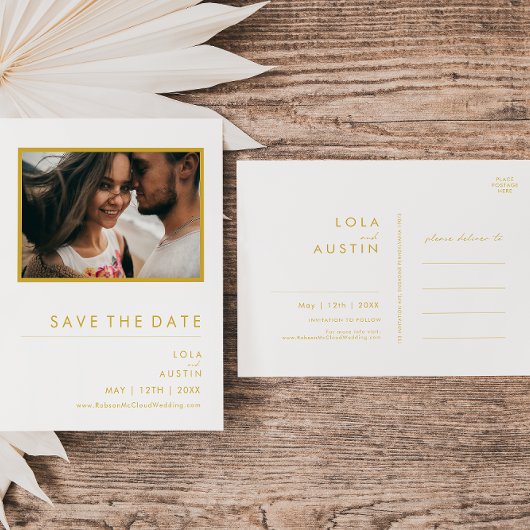 Moderne, minimale Gold Font-foto slaat de datum op Uitnodiging Briefkaart