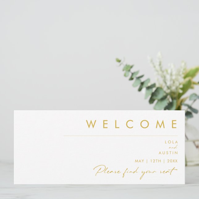 Moderne, minimale Gold Font Seating Chart Header (Staand voorkant)