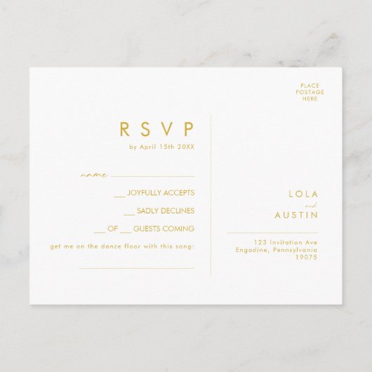 Moderne, minimale Gold Font Song Request RSVP-kaar Briefkaart (Achterkant)