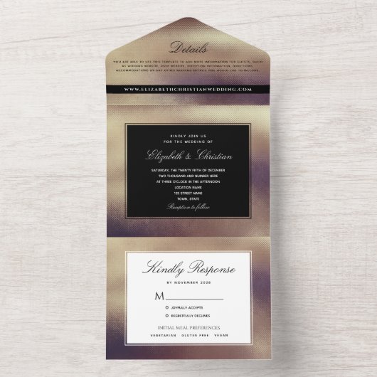Moderne minimale gouden en zwarte bruiloft all in one uitnodiging (Binnen)