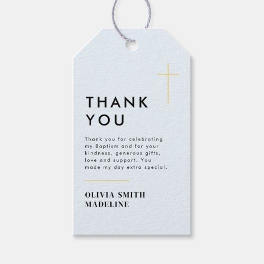 Moderne Minimale Gouden Kruis Doop Cadeaulabel (Voorkant)