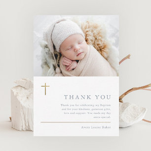 Moderne Minimale Gouden Kruis Foto Doop Dankjewel Briefkaart