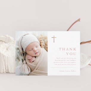 Moderne Minimale Gouden Kruis Foto Doop Dankjewel Briefkaart