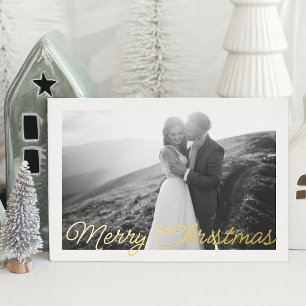 Moderne Minimale Gouden Script Kerst Huwelijksfoto Folie Feestdagenkaart
