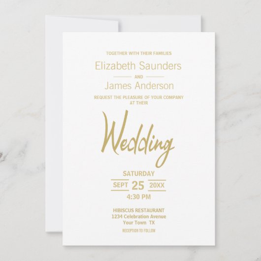 Moderne, minimale gouden tekst witbruiloft kaart (Voorkant)