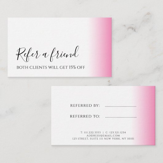 Moderne minimale gradiëntroze witte make-up & haar aanbevelingskaartje (Voorkant / Achterkant)