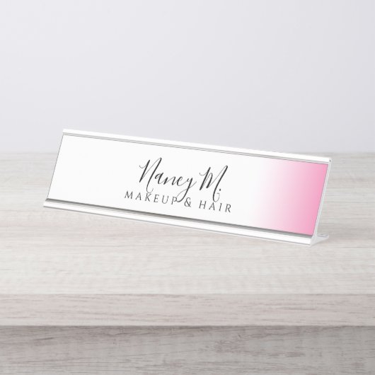 Moderne minimale gradiëntroze witte make-up & haar bureau naambordje (Voorkant)