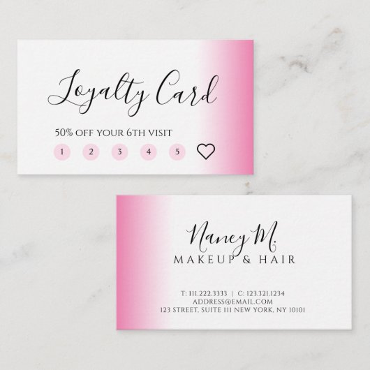 Moderne minimale gradiëntroze witte make-up & haar klantenkaartje (Voorkant / Achterkant)
