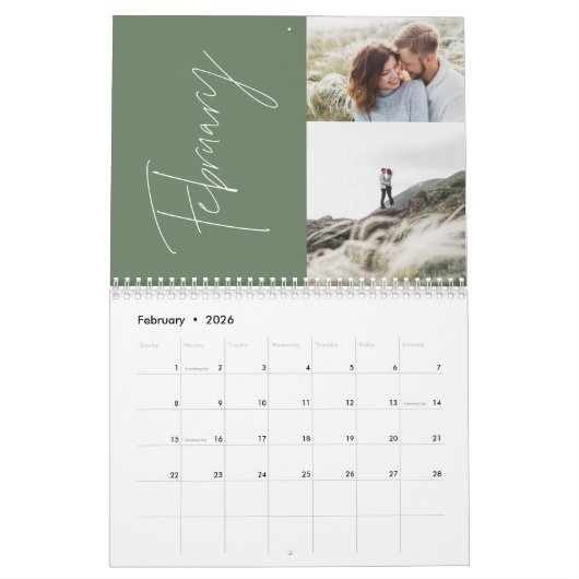 Moderne, minimale groene 2 fotofamilie elegant kalender (Feb 2026)