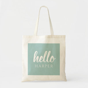 Moderne minimale groene en witte Hallo en uw naam Tote Bag