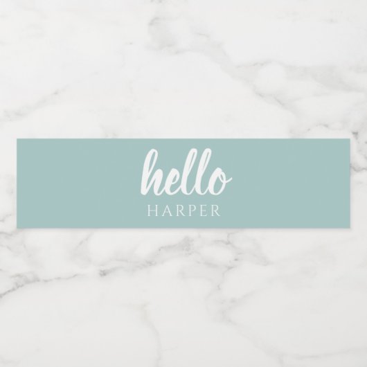 Moderne minimale groene en witte Hallo en uw naam Waterfles Etiket (Enkel label)