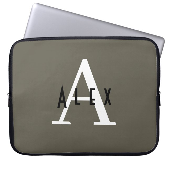 Moderne minimale groene Initiaal + naamMonogram Laptop Sleeve (Voorkant)
