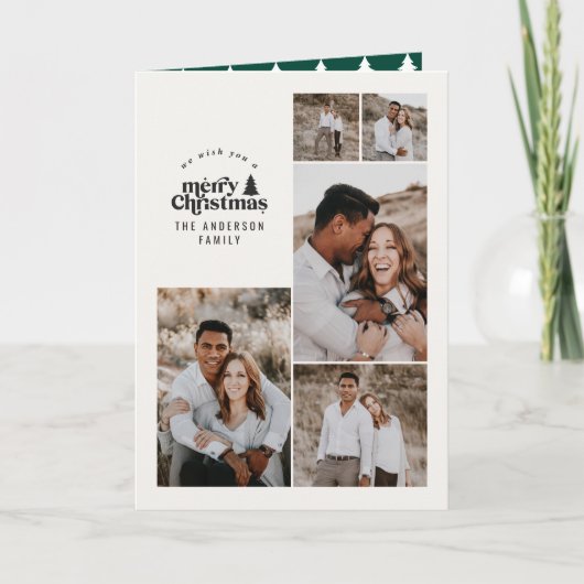 Moderne minimale groene kerst multi foto bedankkaart (Voorkant)