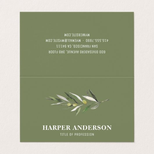 Moderne minimale groene olijfboomstructuur Profess Visitekaartje (Buitenkant ongevouwen)