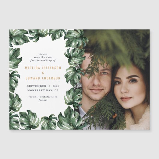 Moderne minimale groene tropische palmfotobruiloft (Voorkant)