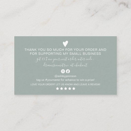 Moderne minimale groenere het manuscriptorde dank  visitekaartje (Achterkant)