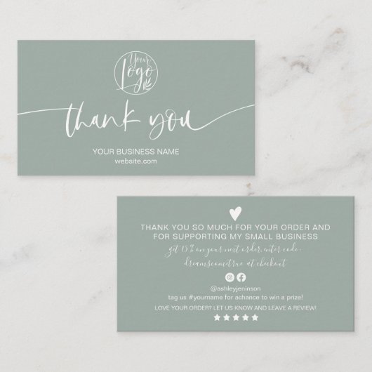 Moderne minimale groenere het manuscriptorde dank  visitekaartje (Voorkant / Achterkant)