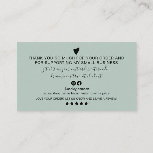 Moderne minimale groenere het manuscriptorde dank  visitekaartje (Achterkant)