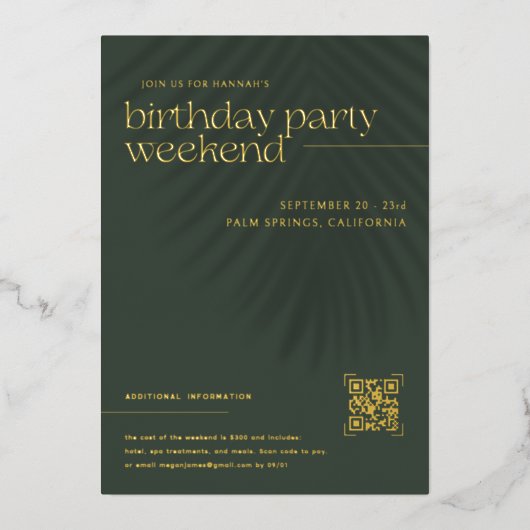 Moderne minimale handpalmen | Verjaardag Weekend Folie Uitnodiging (Voorkant)