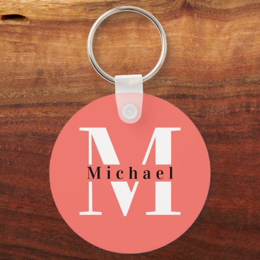 Moderne minimale Initiaal + naam koraal monogram Sleutelhanger (Voorkant)