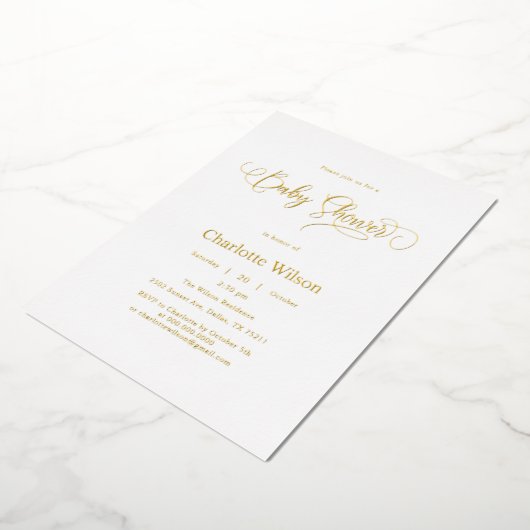 Moderne Minimale Kalligrafie Baby Boy Shower Folie Uitnodiging (Gedraaid)