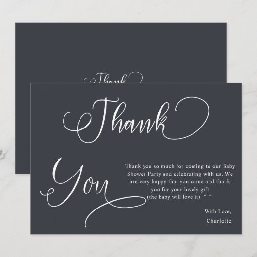Moderne Minimale Kalligrafie Baby Meisje Douche Bedankkaart (Voorkant / Achterkant)