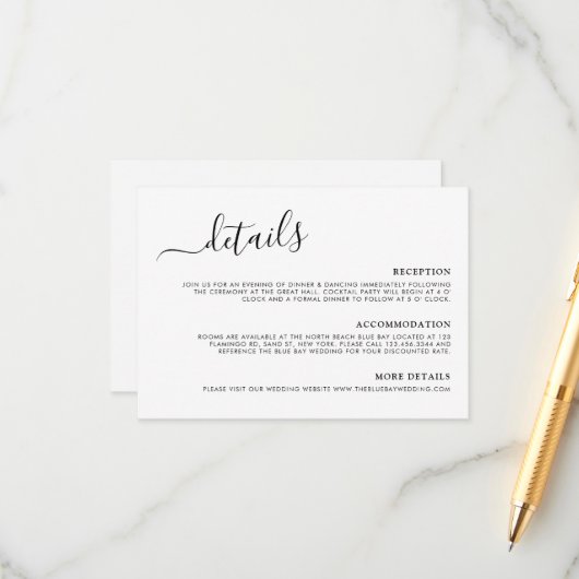 Moderne minimale kalligrafie-bruiloft - details informatiekaartje (Voorkant / Achterkant in situ)