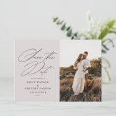 Moderne minimale kalligrafie bruiloft foto save the date (Staand voorkant)