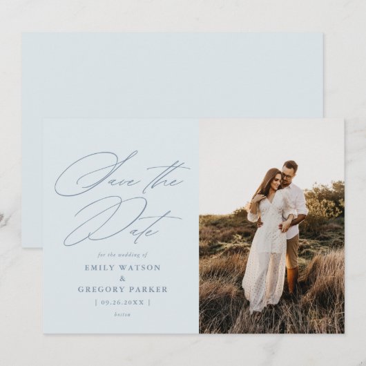 Moderne minimale kalligrafie bruiloft foto save the date (Voorkant / Achterkant)