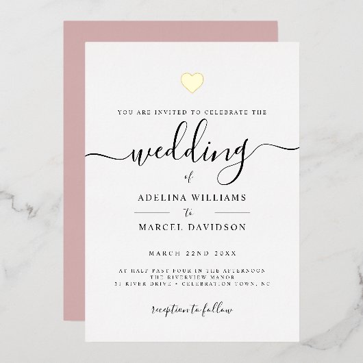 Moderne minimale kalligrafie Gold Heart Wedding Folie Uitnodiging (Voorkant / Achterkant)