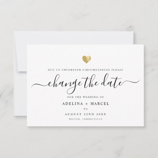 Moderne minimale kalligrafie Gold VERANDERING DATU Save The Date (Voorkant)