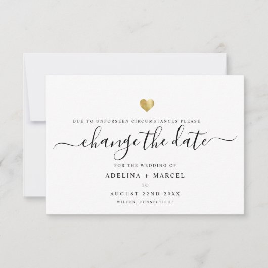 Moderne minimale kalligrafie Gold VERANDERING DATU Save The Date (Voorkant)