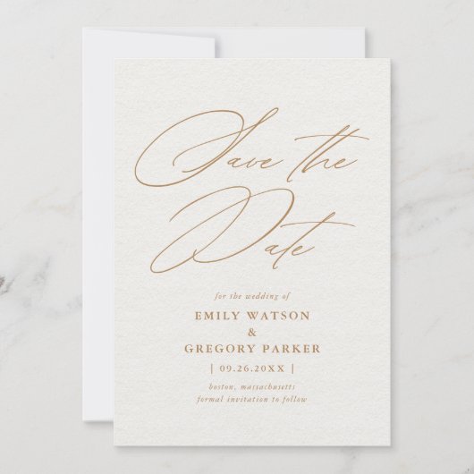 Moderne minimale kalligrafie Gold Wedding Save The Date (Voorkant)
