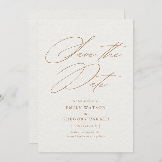 Moderne minimale kalligrafie Gold Wedding Save The Date (Voorkant / Achterkant)