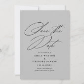 Moderne minimale kalligrafie Grijze bruiloft Save The Date (Voorkant)