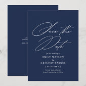 Moderne minimale kalligrafie marineblauw huwelijk save the date (Voorkant / Achterkant)