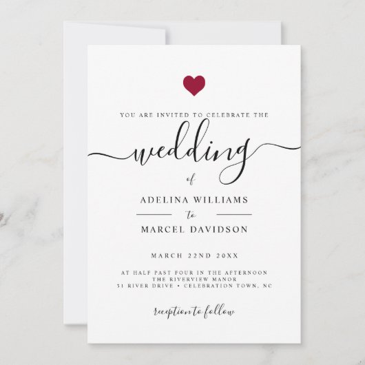 Moderne minimale kalligrafie Rood Heart Wedding Kaart (Voorkant)
