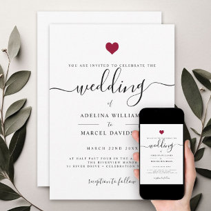 Moderne minimale kalligrafie Rood Heart Wedding Kaart