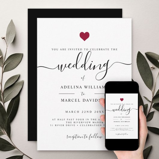 Moderne minimale kalligrafie Rood Heart Wedding Kaart