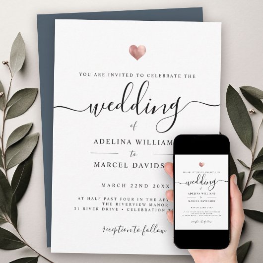 Moderne minimale kalligrafie Roos Gold Heart Weddi Kaart