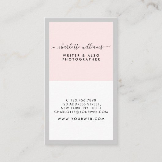 Moderne, minimale kalligrafie Roze en grijs Vertic Visitekaartje (Achterkant)