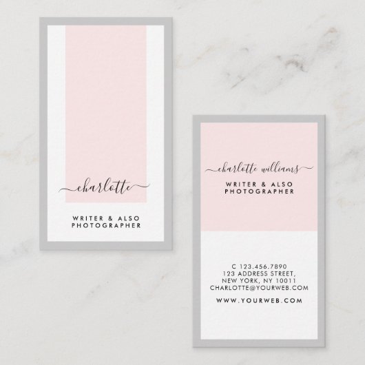 Moderne, minimale kalligrafie Roze en grijs Vertic Visitekaartje (Voorkant / Achterkant)