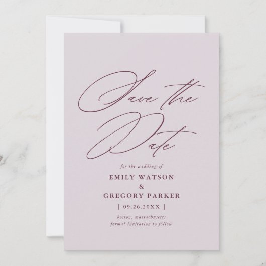 Moderne minimale kalligrafie Violet Lila bruiloft Save The Date (Voorkant)