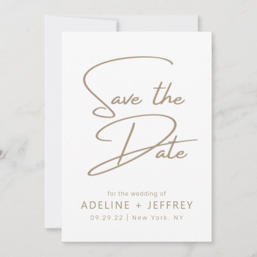Moderne minimale kalligrafie White Gold Wedding Save The Date (Voorkant)