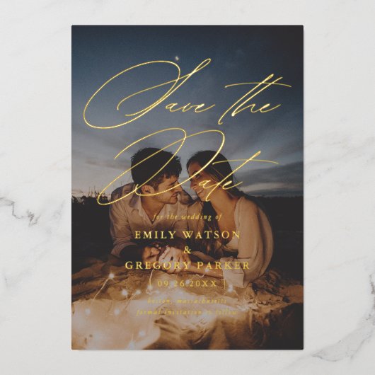 Moderne, minimale kalligrafieffoto bespaart de dat folie uitnodiging (Voorkant)