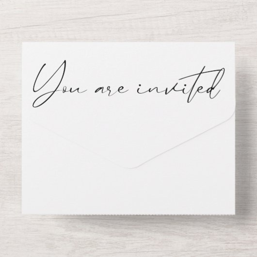 Moderne minimale kalligrafiescript bruiloft all in one uitnodiging (Achterkant)