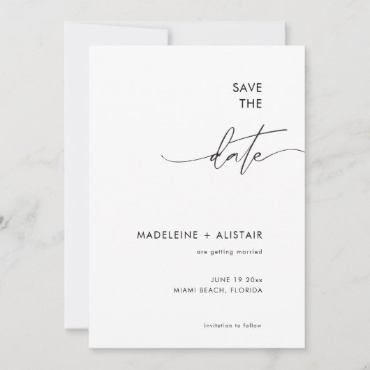Moderne minimale kalligrafiescript zwart wit save the date (Voorkant)