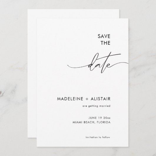 Moderne minimale kalligrafiescript zwart wit save the date (Voorkant / Achterkant)
