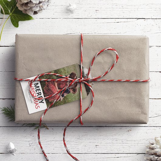Moderne minimale kerst familie foto cadeaulabel
