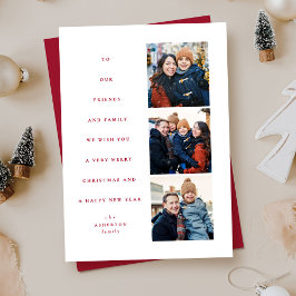 Moderne minimale kerstboom drie foto rood feestdagenkaart